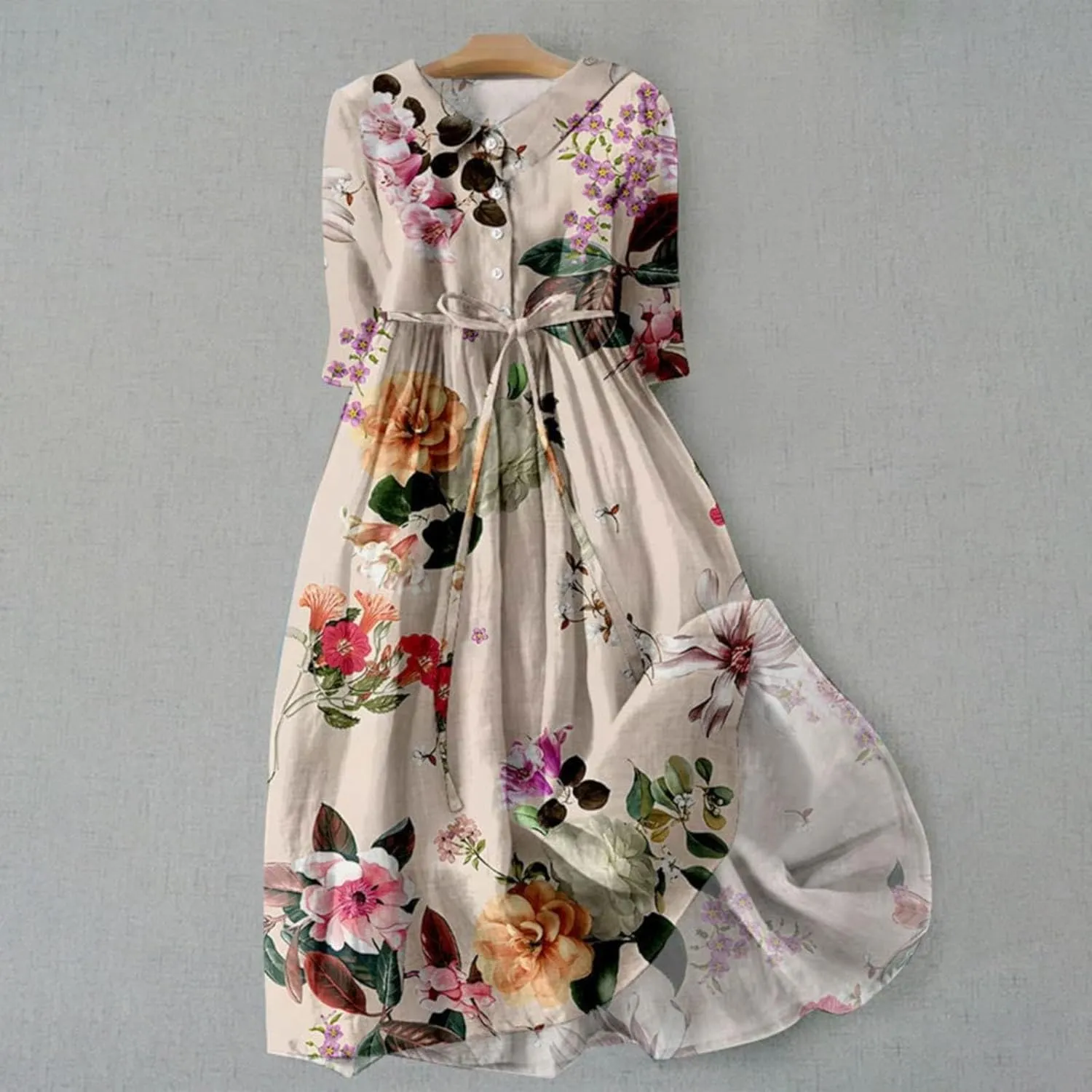 Linen Dress Women Summer Cotton Linen Solid Gauze Dress Loose Casual Vacation Flowy Midi Dress Floral Print Dress