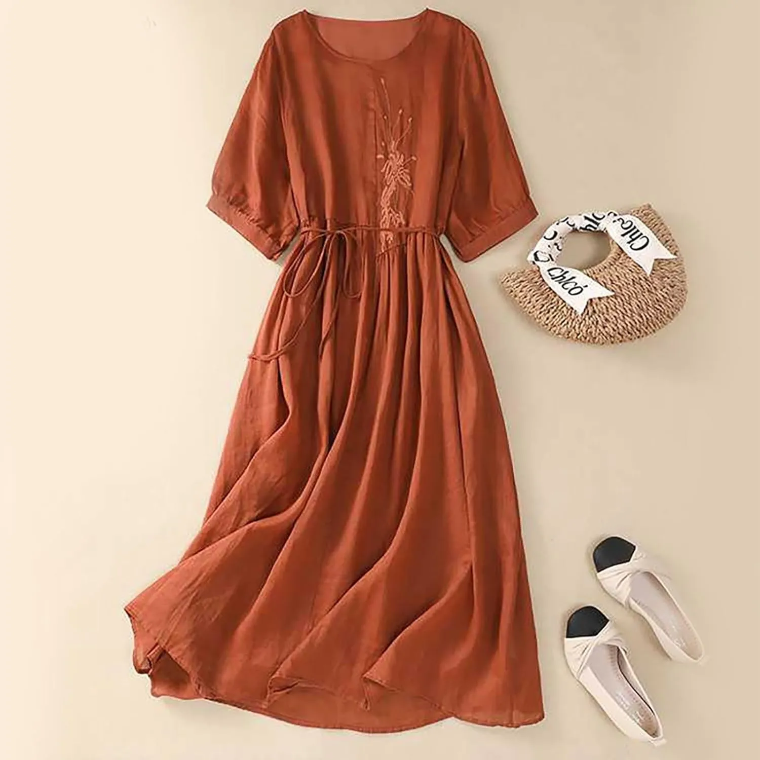 Linen Dress Women Summer Cotton Linen Solid Gauze Dress Loose Casual Vacation Flowy Midi Dress Floral Print Dress