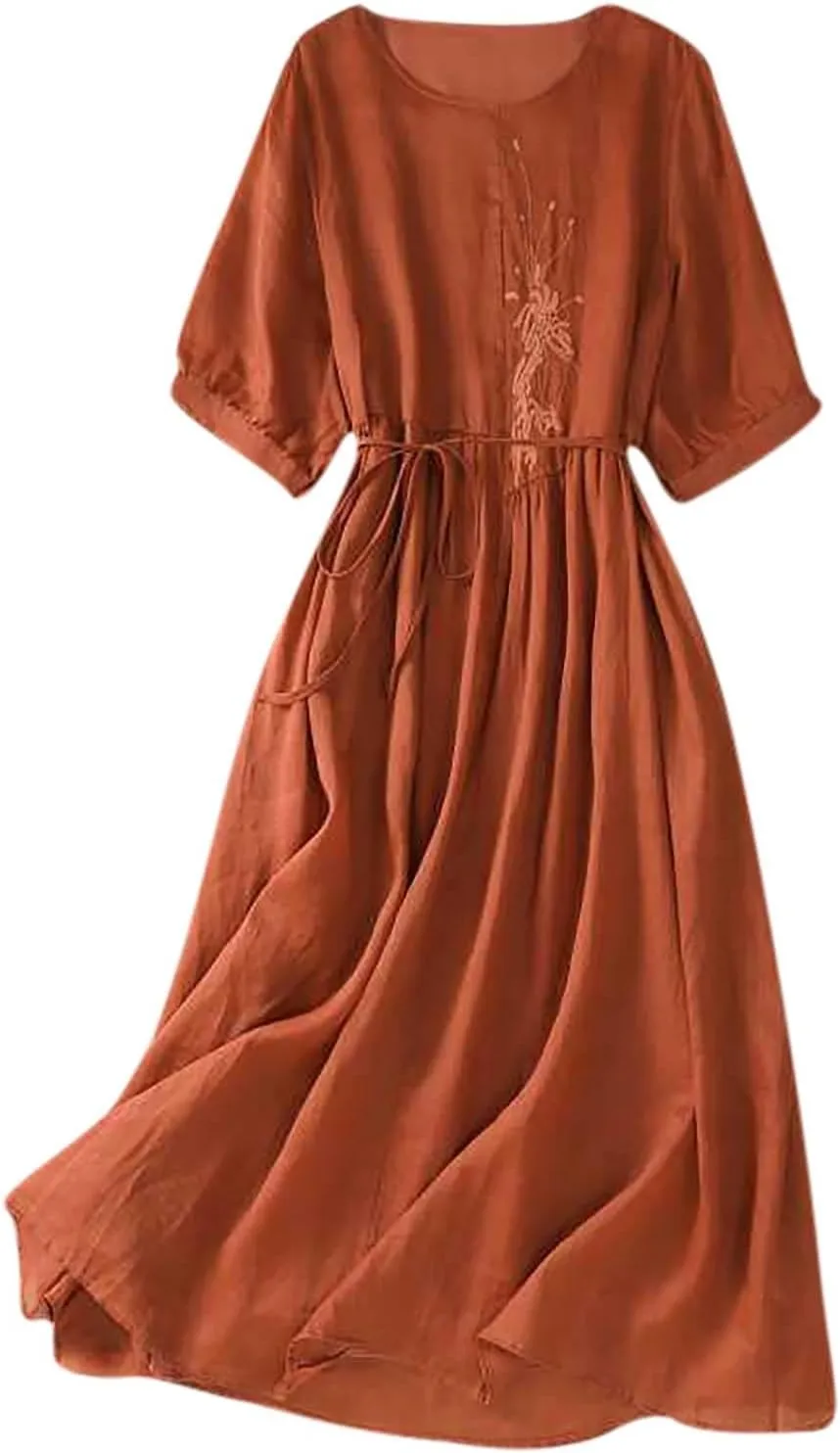 Linen Dress Women Summer Cotton Linen Solid Gauze Dress Loose Casual Vacation Flowy Midi Dress Floral Print Dress