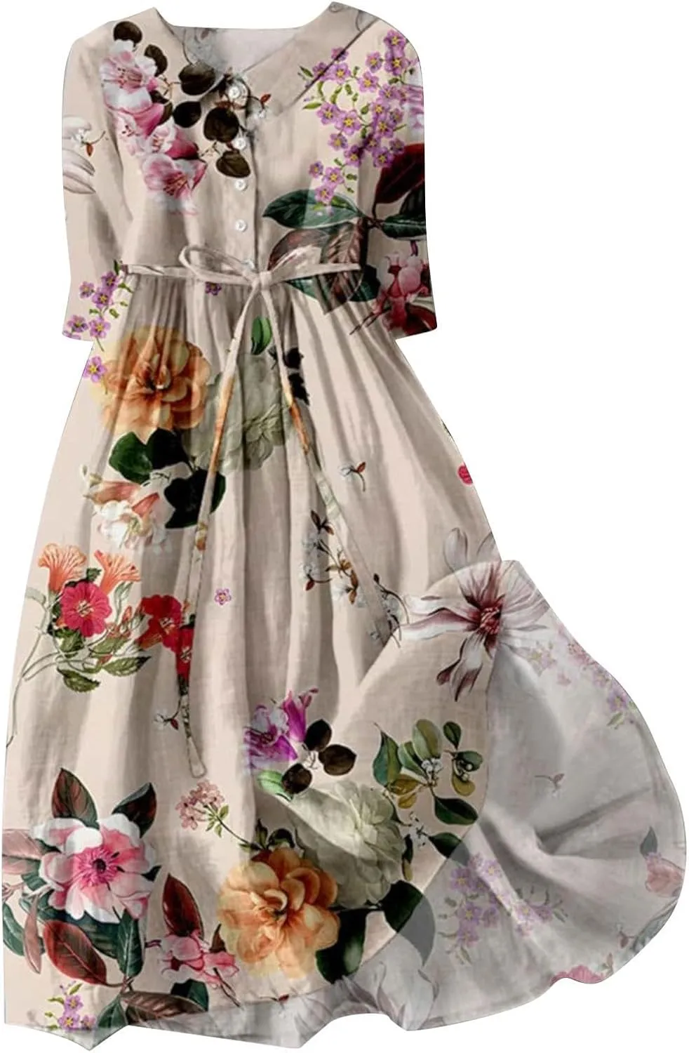 Linen Dress Women Summer Cotton Linen Solid Gauze Dress Loose Casual Vacation Flowy Midi Dress Floral Print Dress