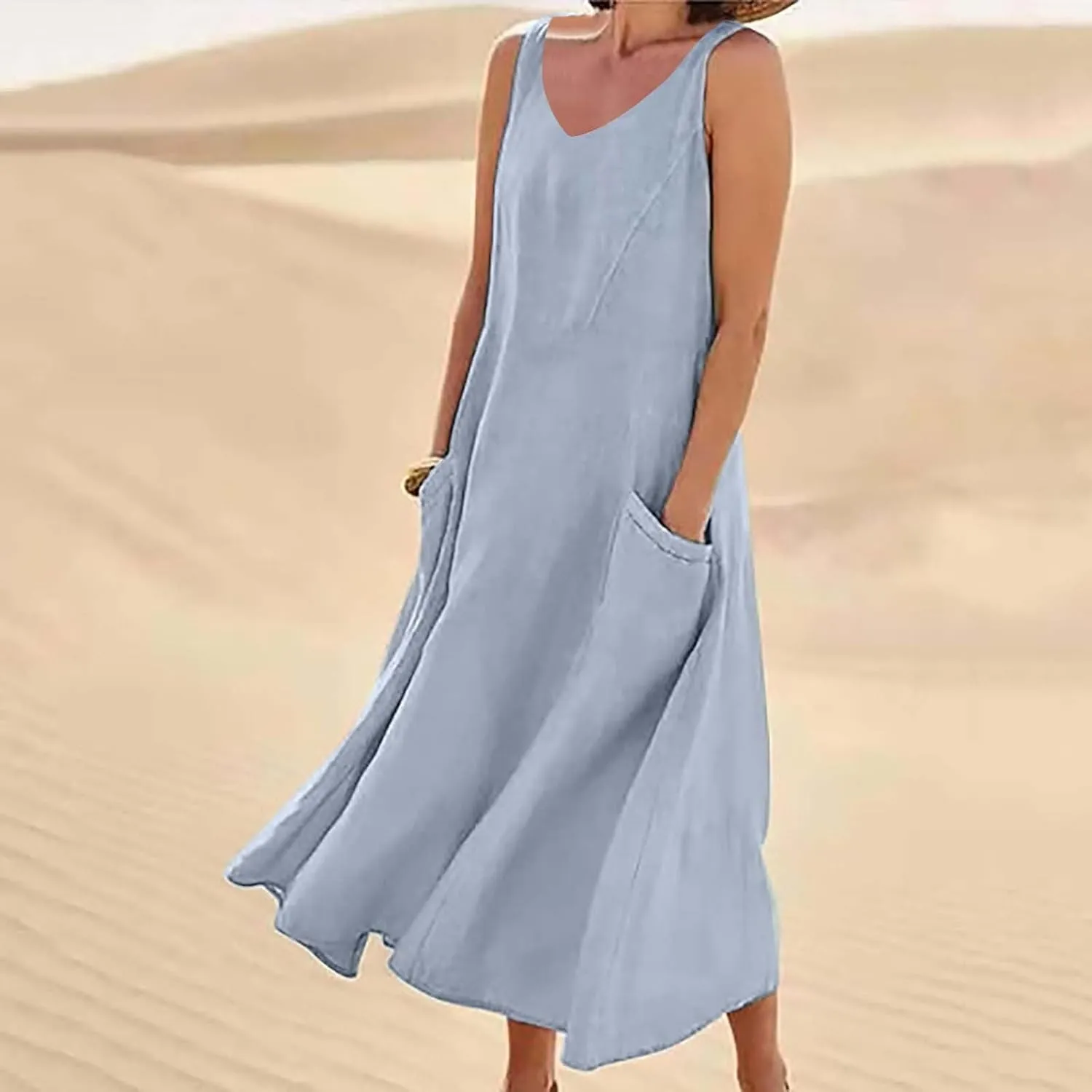 Long Dress Sleeveless Women's Summer Casual Sleeveless Long Maxi Beach Dress 100 Linen Dresses Linen Dress with