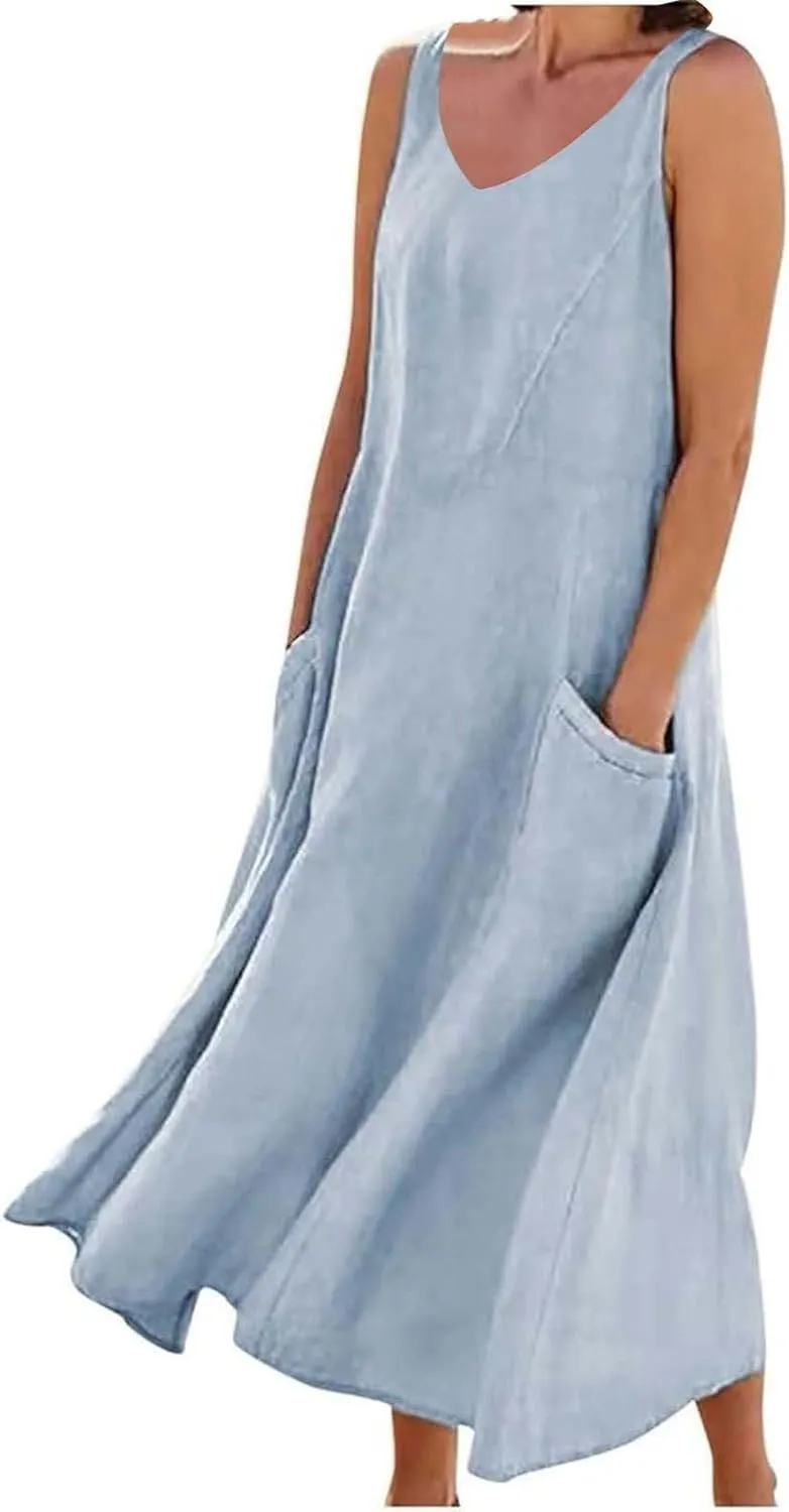 Long Dress Sleeveless Women's Summer Casual Sleeveless Long Maxi Beach Dress 100 Linen Dresses Linen Dress with