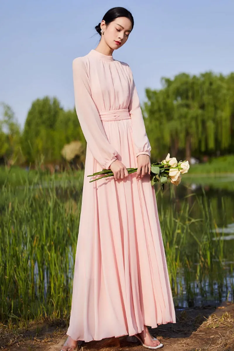 long sleeves pink fit and flare chiffon dress 4449