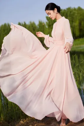 long sleeves pink fit and flare chiffon dress 4449