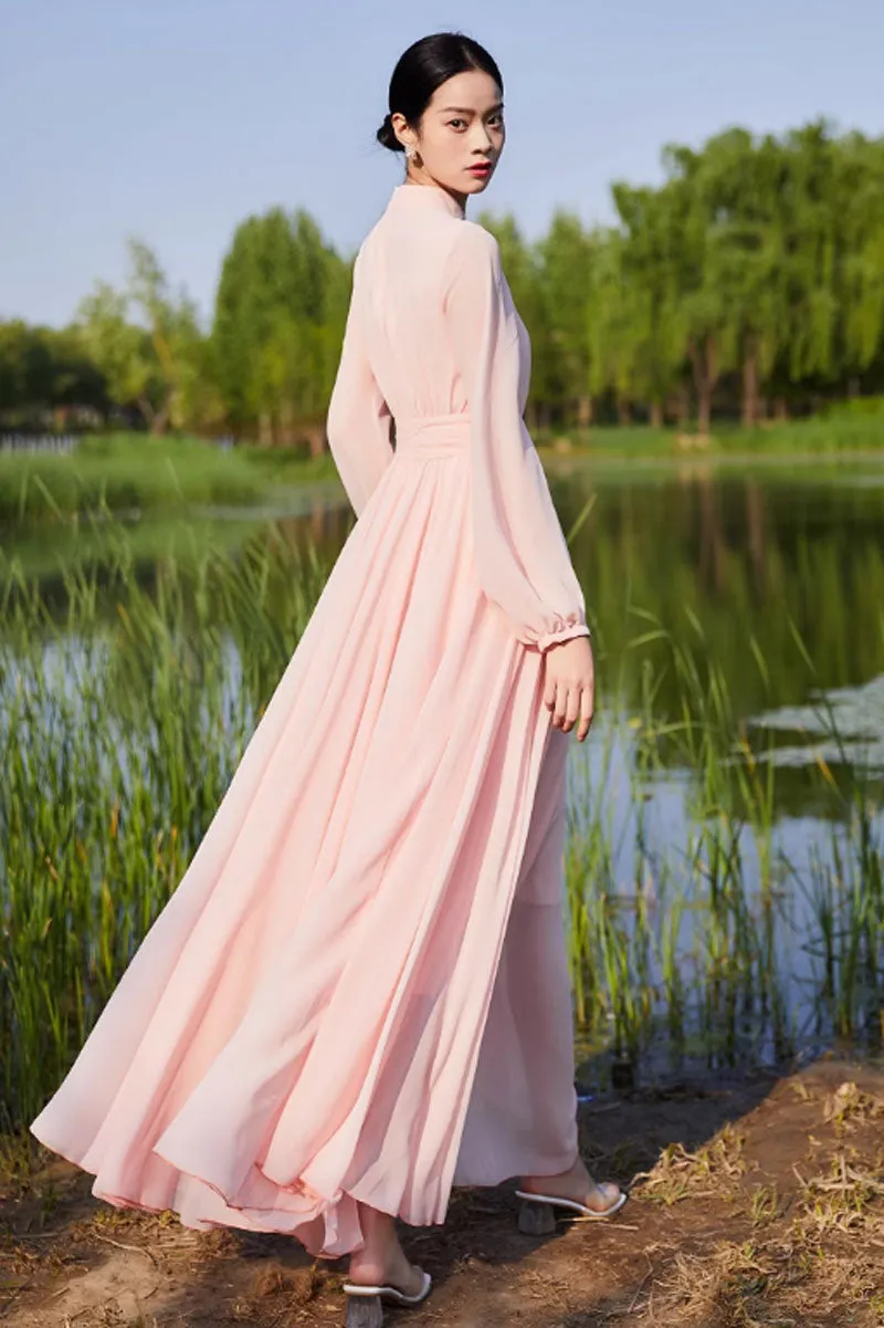 long sleeves pink fit and flare chiffon dress 4449