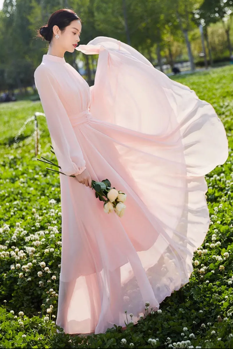 long sleeves pink fit and flare chiffon dress 4449