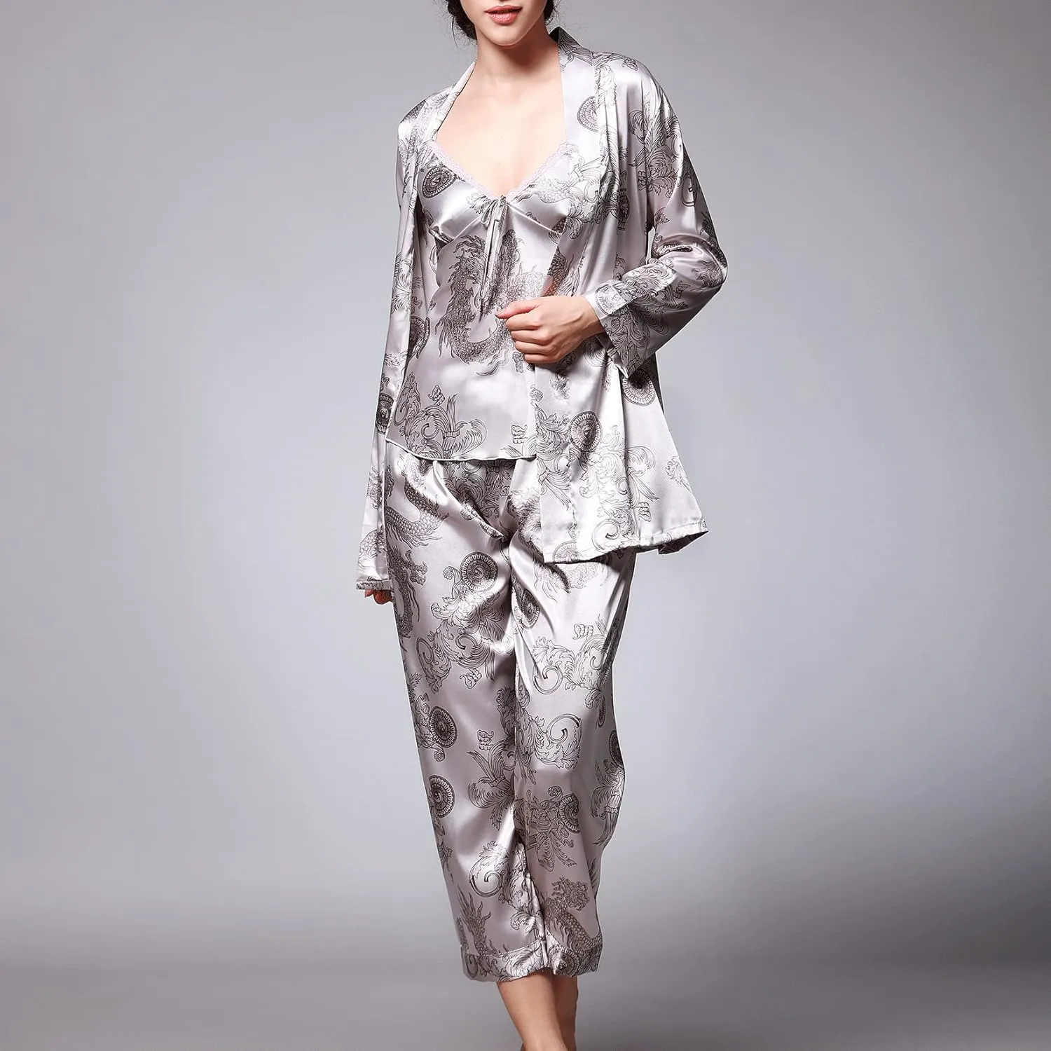 Lu's Chic Women's Satin Cami and Pant Pajamas Set with Robe 3Pcs Pj Silk V Neck Long Sleeve Sleepwear