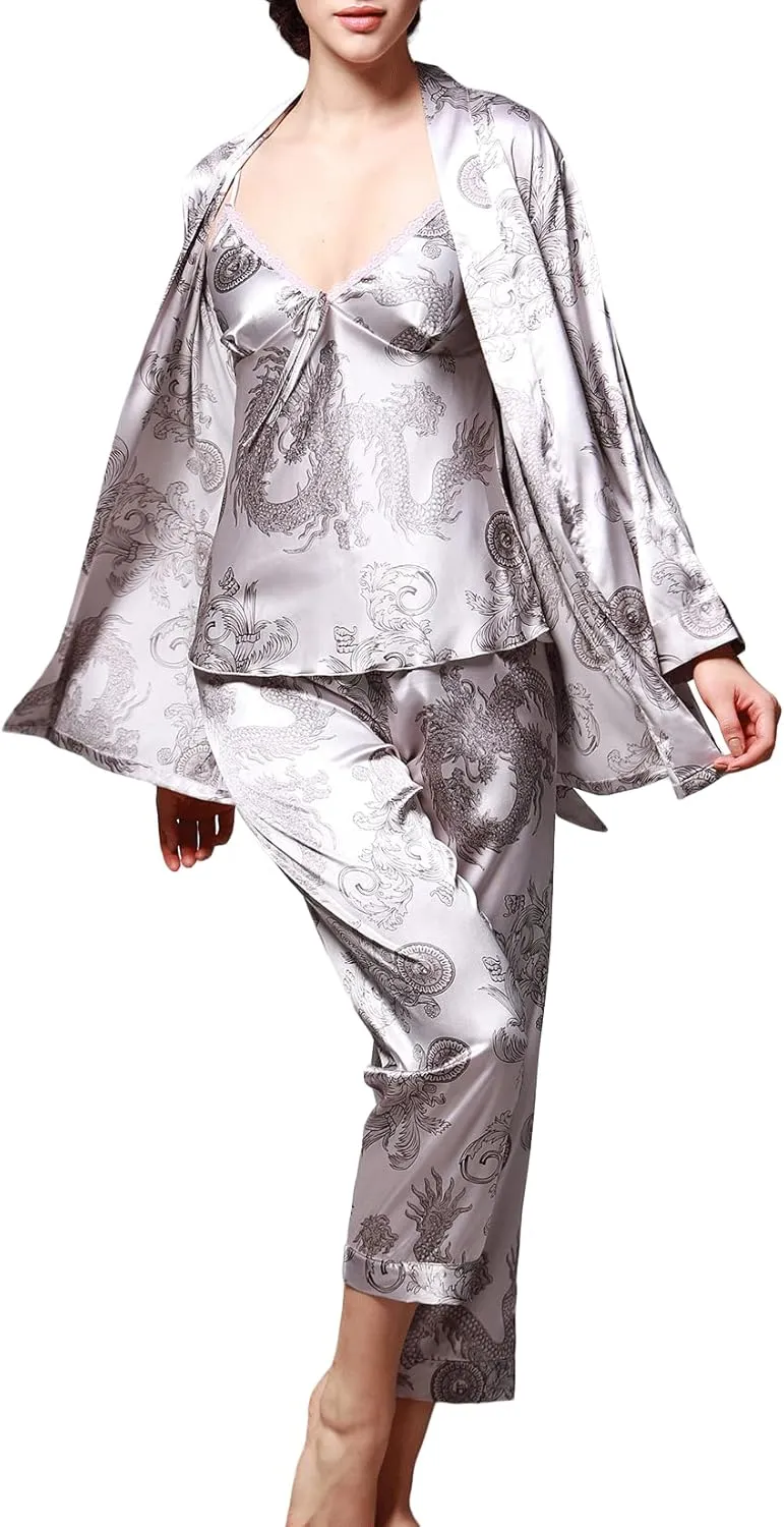 Lu's Chic Women's Satin Cami and Pant Pajamas Set with Robe 3Pcs Pj Silk V Neck Long Sleeve Sleepwear