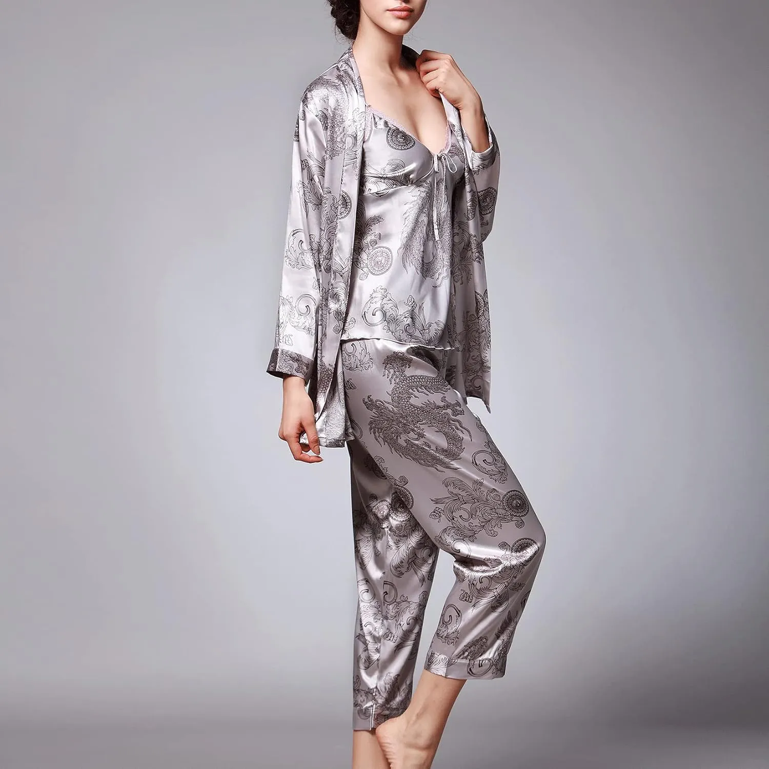 Lu's Chic Women's Satin Cami and Pant Pajamas Set with Robe 3Pcs Pj Silk V Neck Long Sleeve Sleepwear