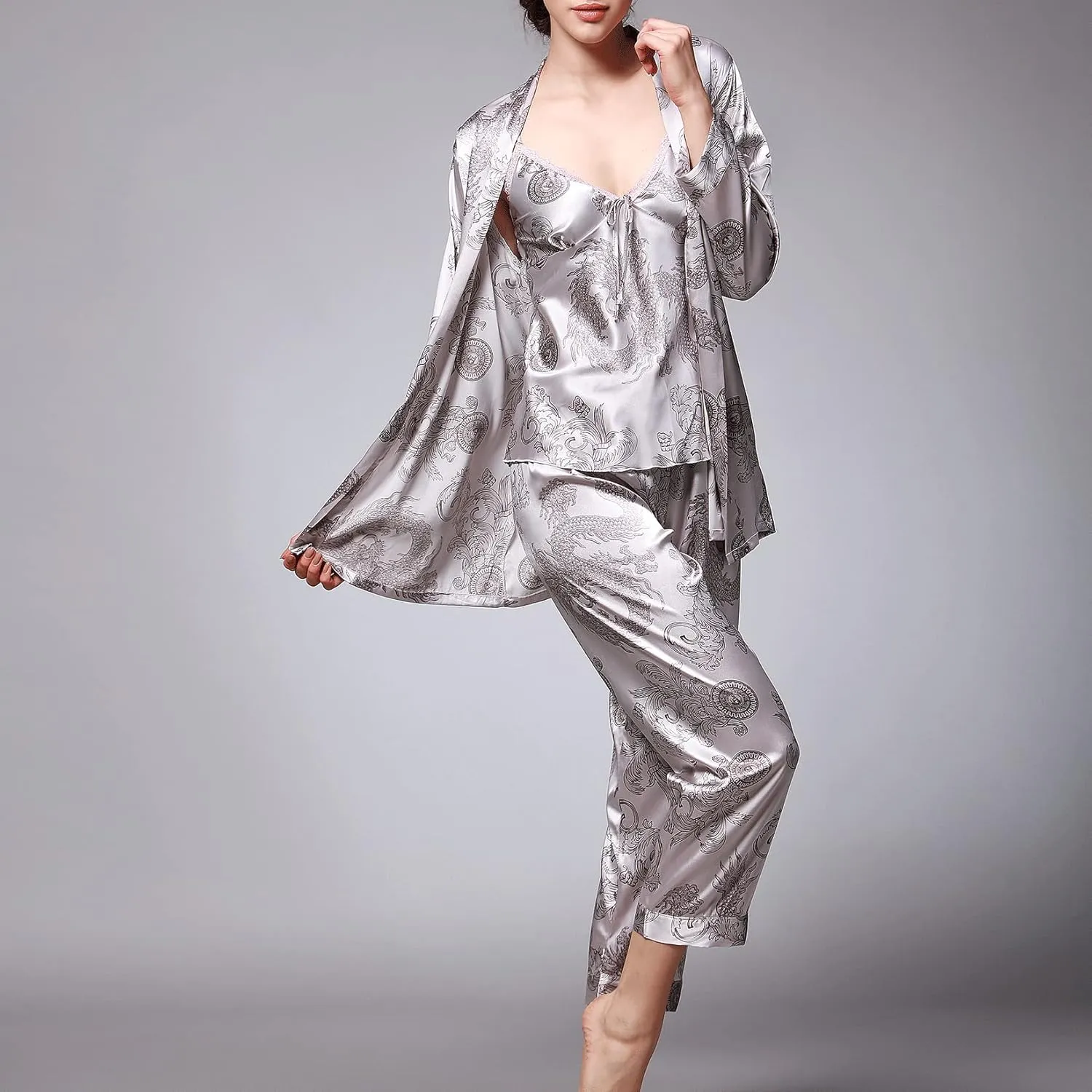 Lu's Chic Women's Satin Cami and Pant Pajamas Set with Robe 3Pcs Pj Silk V Neck Long Sleeve Sleepwear