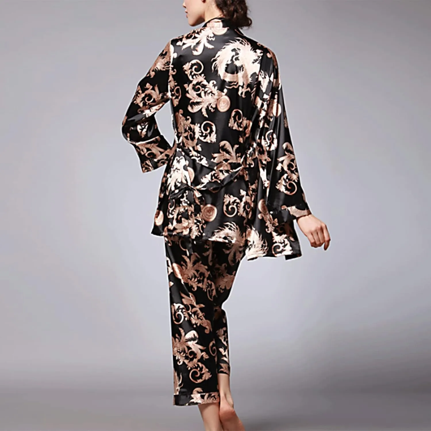 Lu's Chic Women's Satin Cami and Pant Pajamas Set with Robe 3Pcs Pj Silk V Neck Long Sleeve Sleepwear