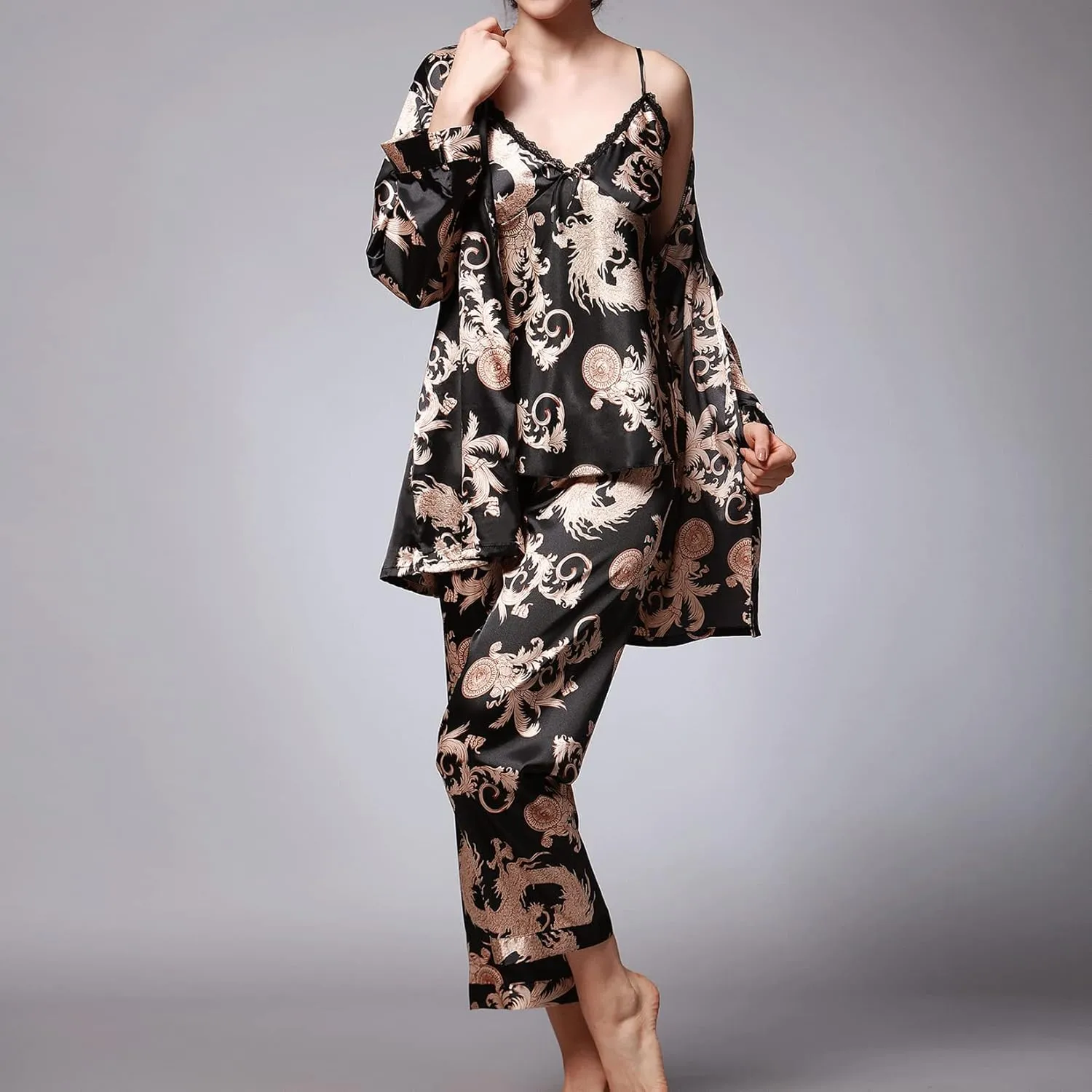 Lu's Chic Women's Satin Cami and Pant Pajamas Set with Robe 3Pcs Pj Silk V Neck Long Sleeve Sleepwear