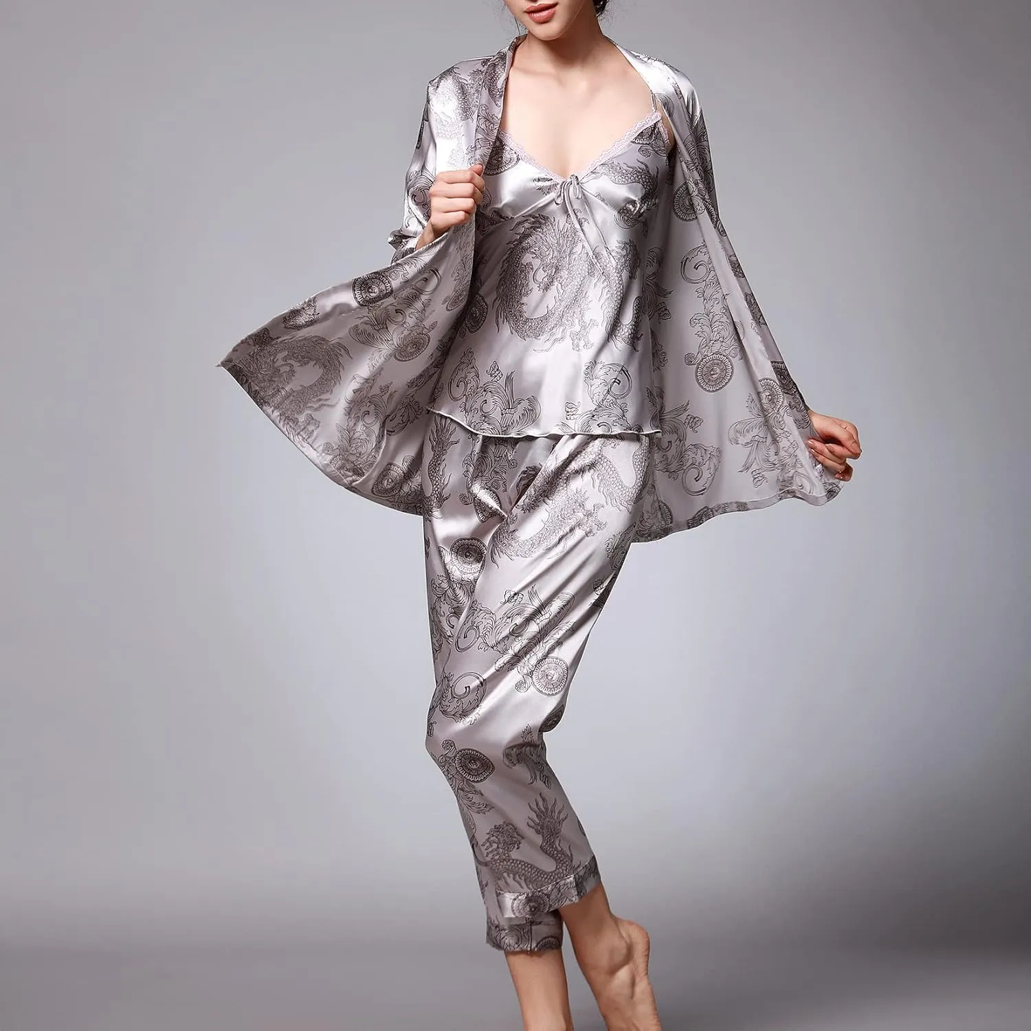 Lu's Chic Women's Satin Cami and Pant Pajamas Set with Robe 3Pcs Pj Silk V Neck Long Sleeve Sleepwear