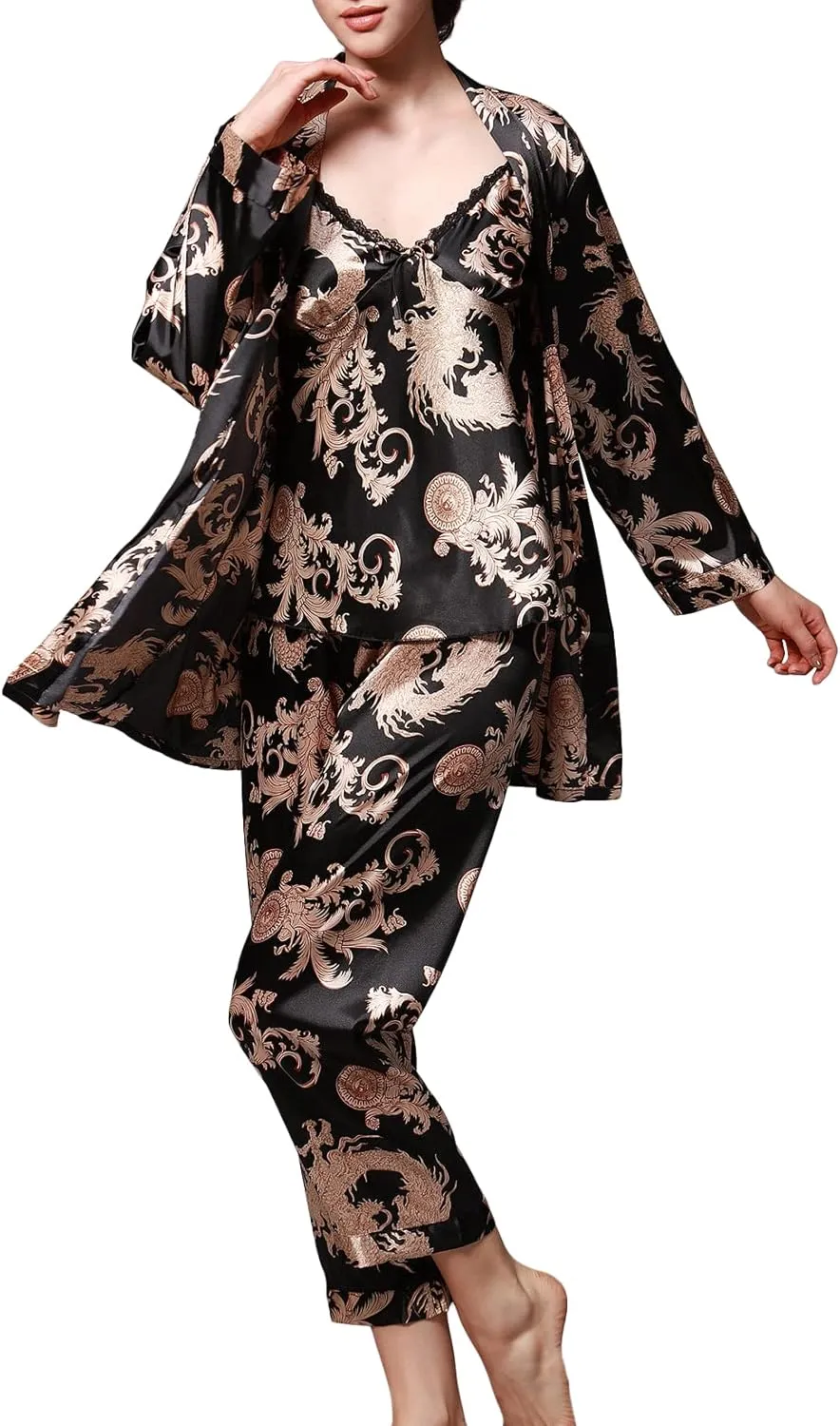 Lu's Chic Women's Satin Cami and Pant Pajamas Set with Robe 3Pcs Pj Silk V Neck Long Sleeve Sleepwear