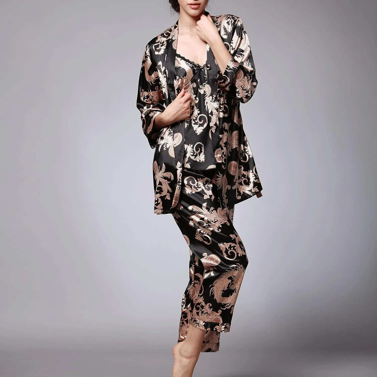 Lu's Chic Women's Satin Cami and Pant Pajamas Set with Robe 3Pcs Pj Silk V Neck Long Sleeve Sleepwear