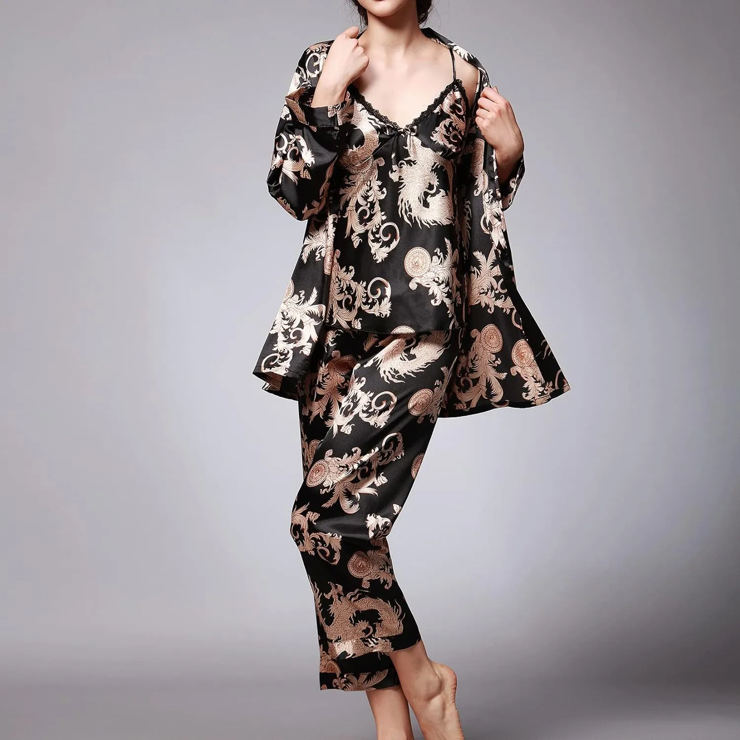 Lu's Chic Women's Satin Cami and Pant Pajamas Set with Robe 3Pcs Pj Silk V Neck Long Sleeve Sleepwear