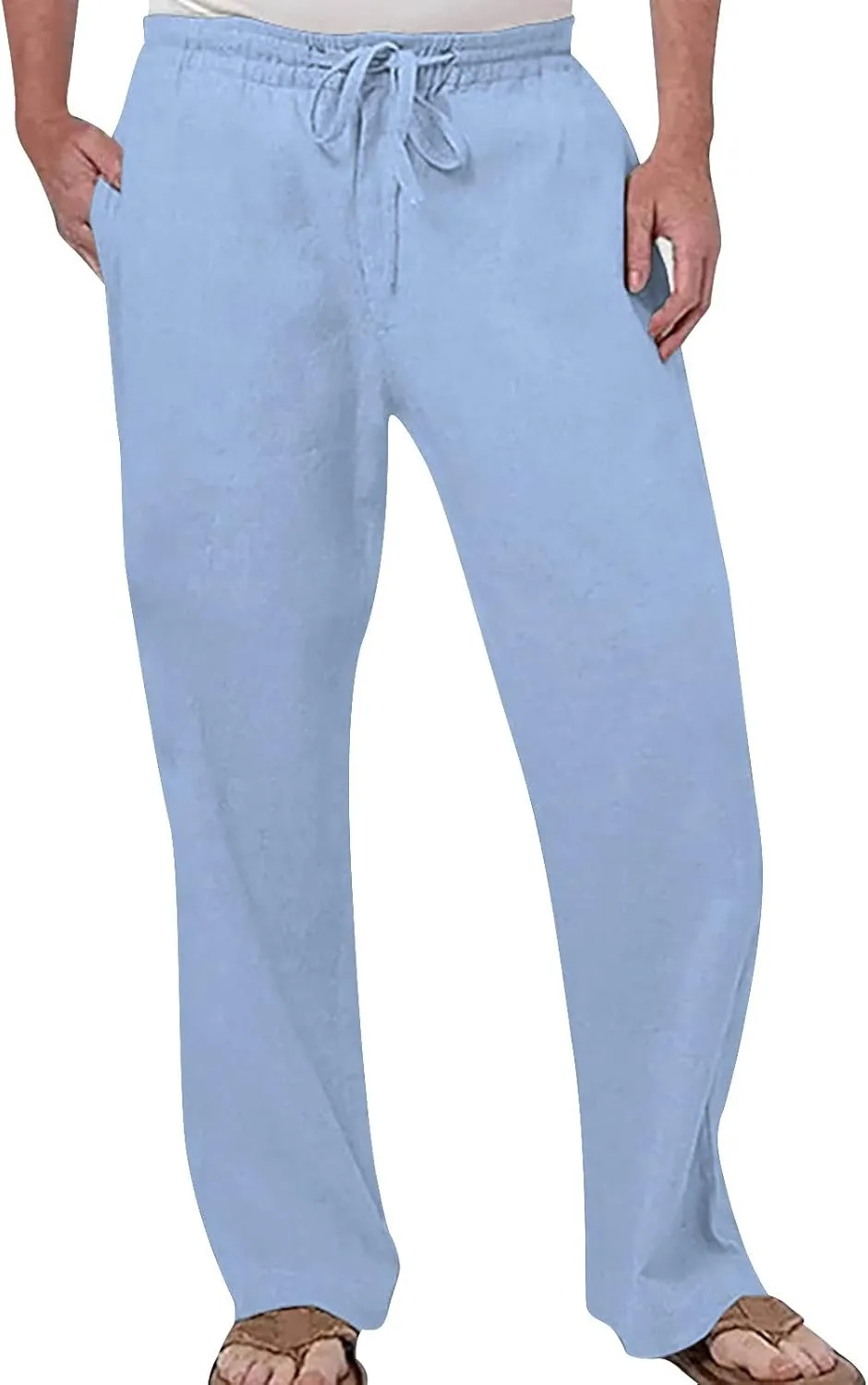 Mens Casual Linen Pants Elastic Waist Drawstring Lightweight Trouser Casual 2024 Straight Leg with Pockets Trousers
