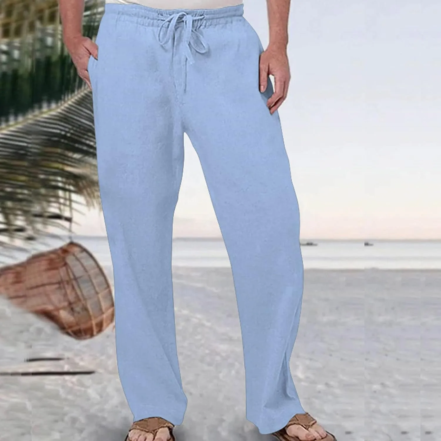 Mens Casual Linen Pants Elastic Waist Drawstring Lightweight Trouser Casual 2024 Straight Leg with Pockets Trousers