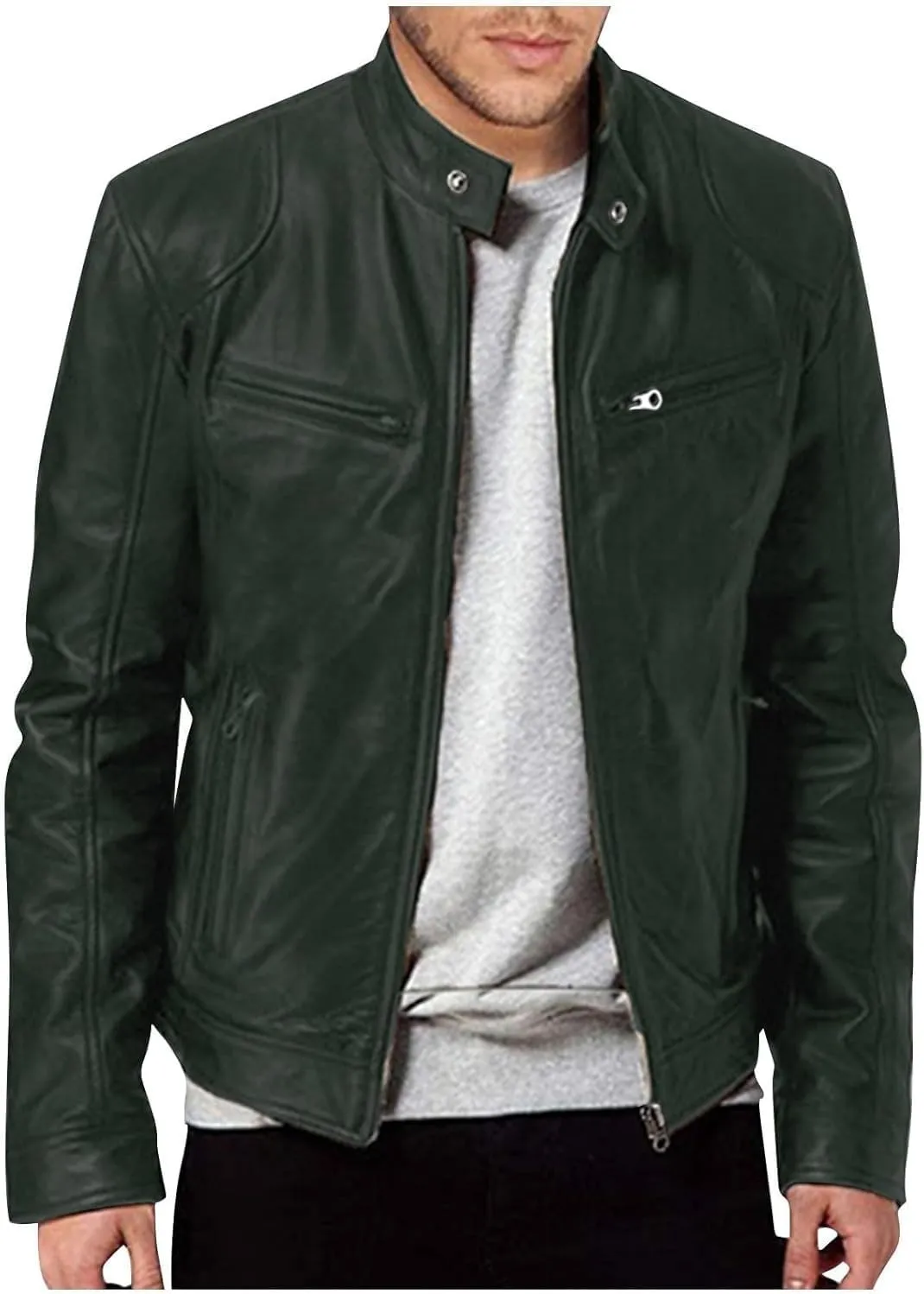 Mens Lightweight Leather Jackets Motorcycle Bomber Biker Stylish Outerwear Zipper Jacket Coat Pockets