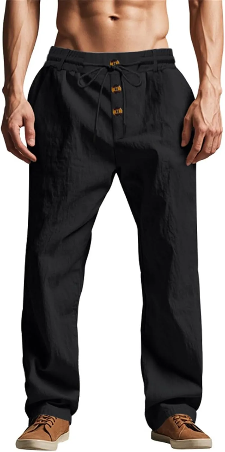 Mens Pants Casual Linen Drawstring Elastic Waist Loose Fit Casual Pants Lightweight Straight Leg Beach Yoga Trousers
