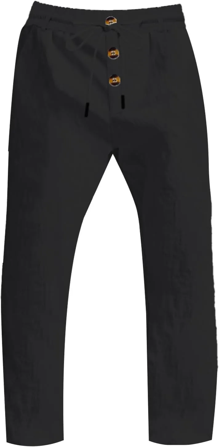 Mens Pants Casual Linen Drawstring Elastic Waist Loose Fit Casual Pants Lightweight Straight Leg Beach Yoga Trousers