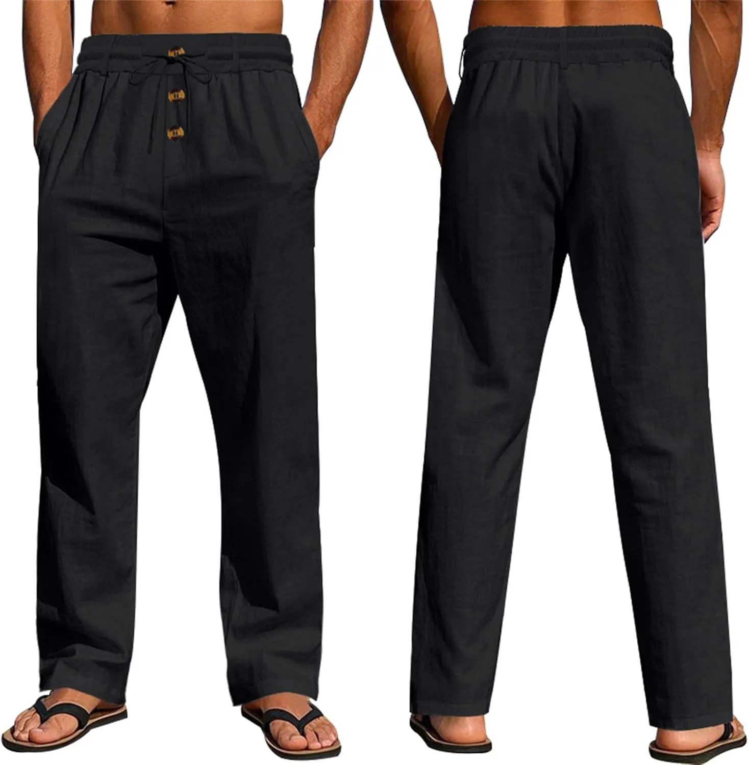 Mens Pants Casual Linen Drawstring Elastic Waist Loose Fit Casual Pants Lightweight Straight Leg Beach Yoga Trousers