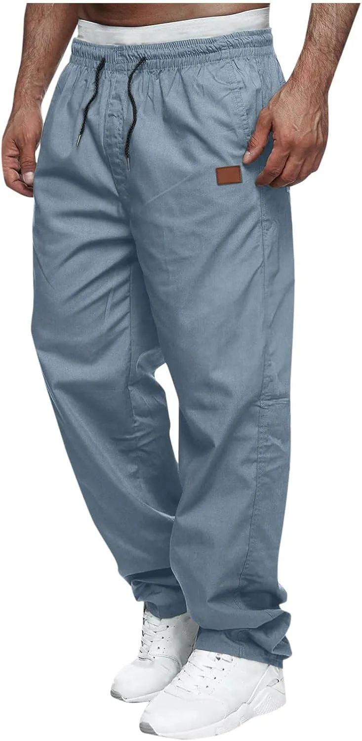 Mens Straight Leg Pants Casual Elastic Waist Drawstring Daily Casual Hiking Chino Cargo Trousers with Pockets