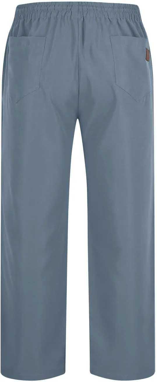 Mens Straight Leg Pants Casual Elastic Waist Drawstring Daily Casual Hiking Chino Cargo Trousers with Pockets
