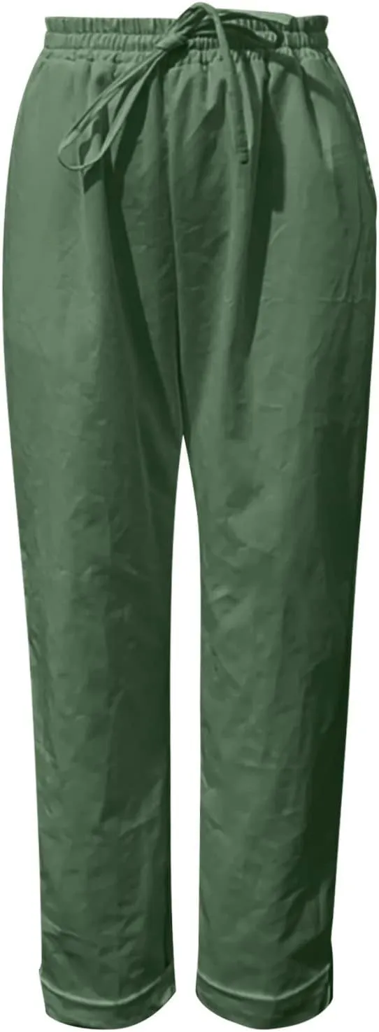 Miyaomn Women's Casual Straight Leg Linen Pants Elastic Waist Drawstring Roll Up Casual Joggers Lounge Trousers with Pockets