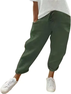 Miyaomn Women's Casual Straight Leg Linen Pants Elastic Waist Drawstring Roll Up Casual Joggers Lounge Trousers with Pockets