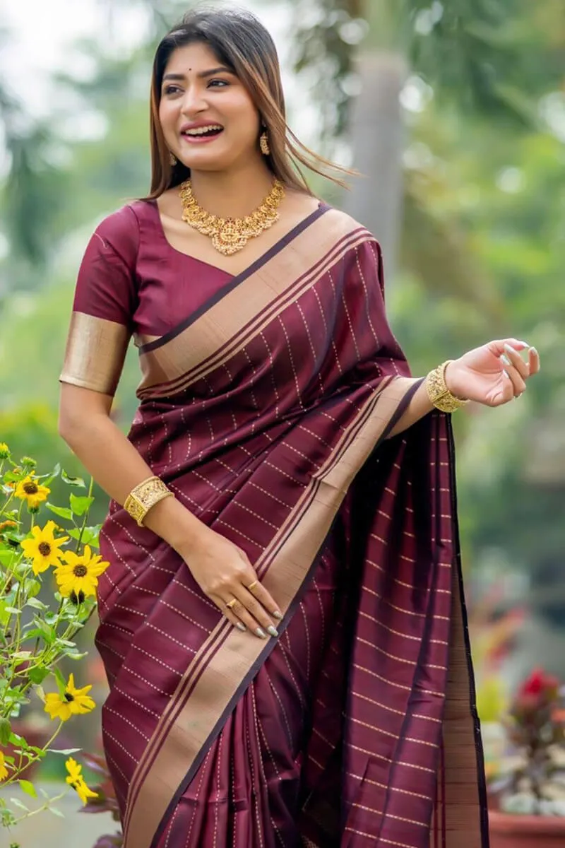 Nectarous Wine Soft Silk Saree With Winsome Blouse Piece