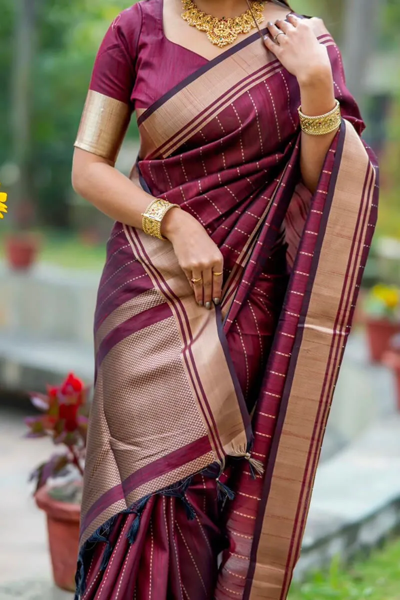 Nectarous Wine Soft Silk Saree With Winsome Blouse Piece