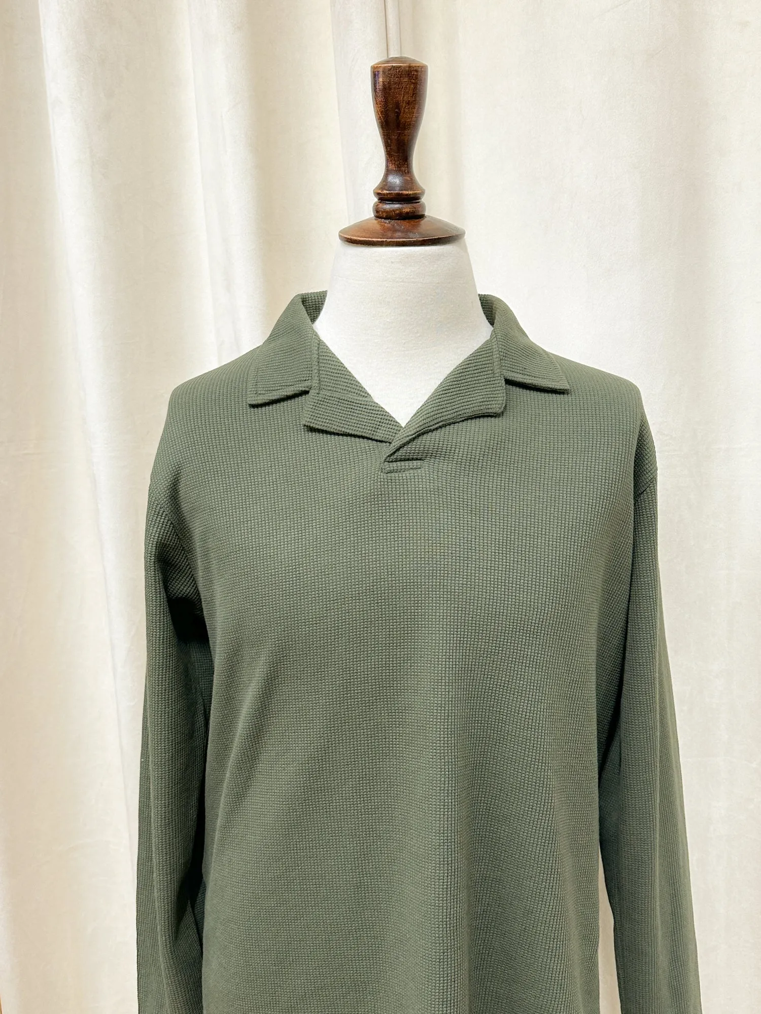 Olive Waffle Textured Revere Polo - Full Sleeves