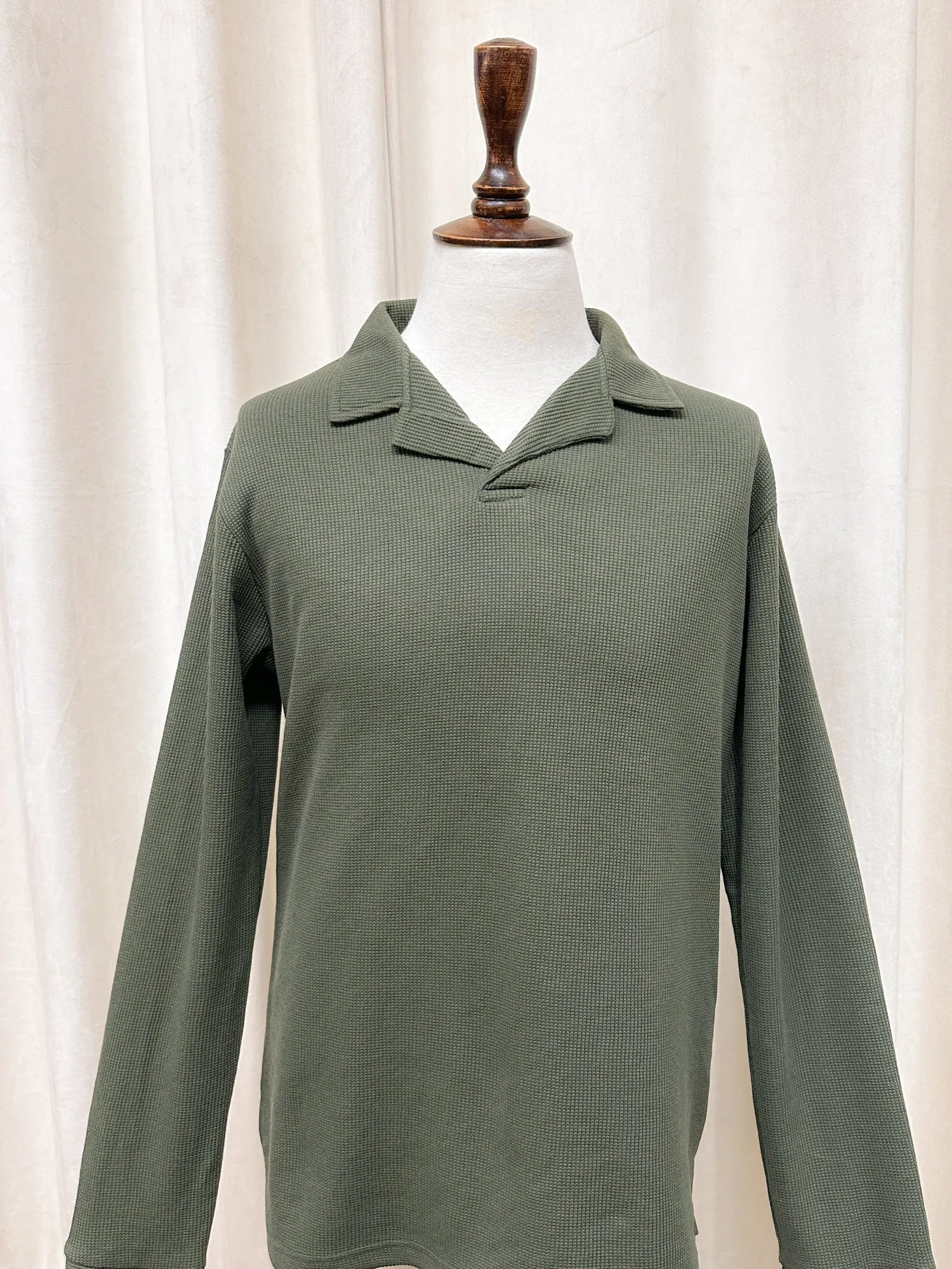 Olive Waffle Textured Revere Polo - Full Sleeves