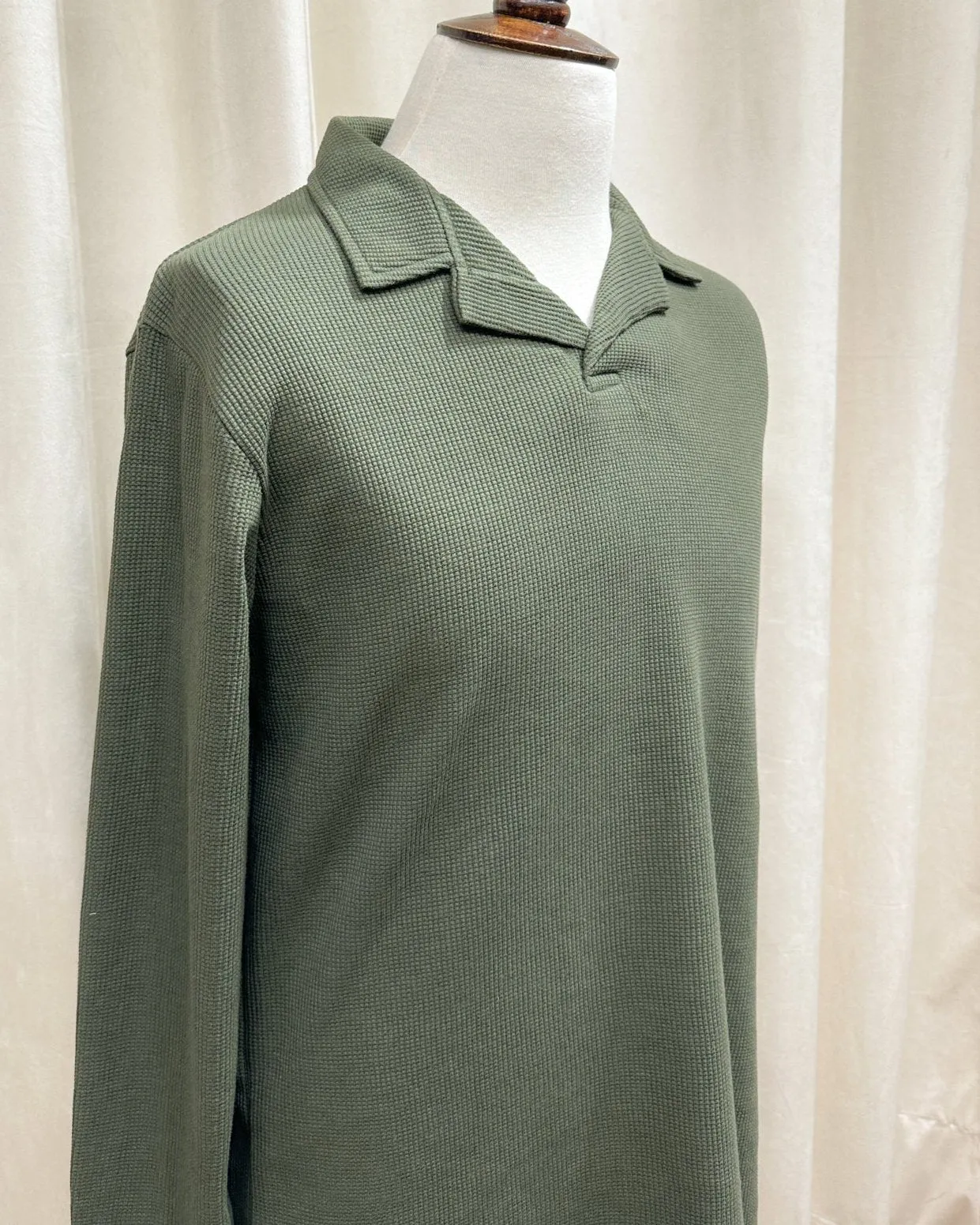 Olive Waffle Textured Revere Polo - Full Sleeves