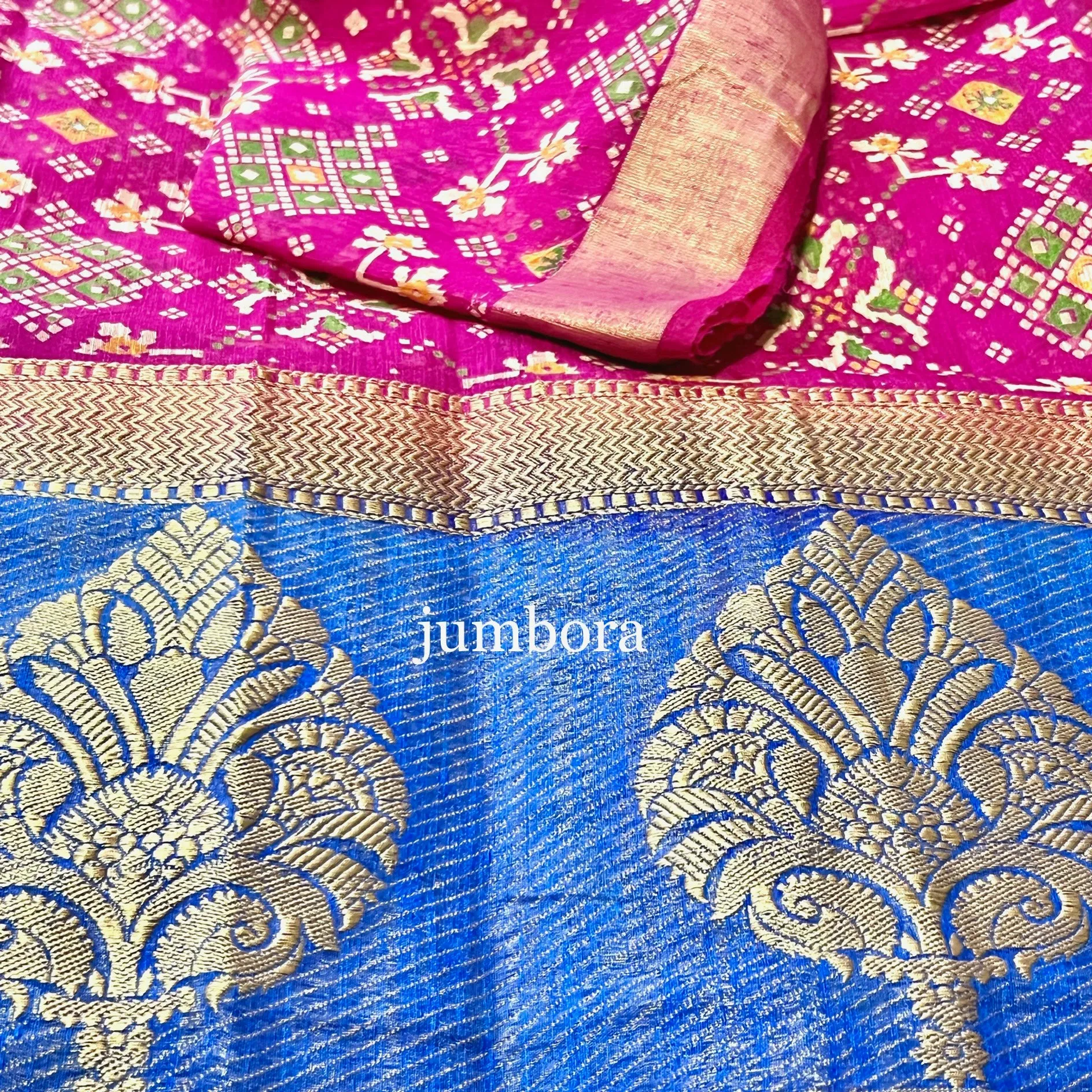 Pink & Blue Ikkat Pochampalli Soft Jute Cotton Silk Saree with Stitched Blouse