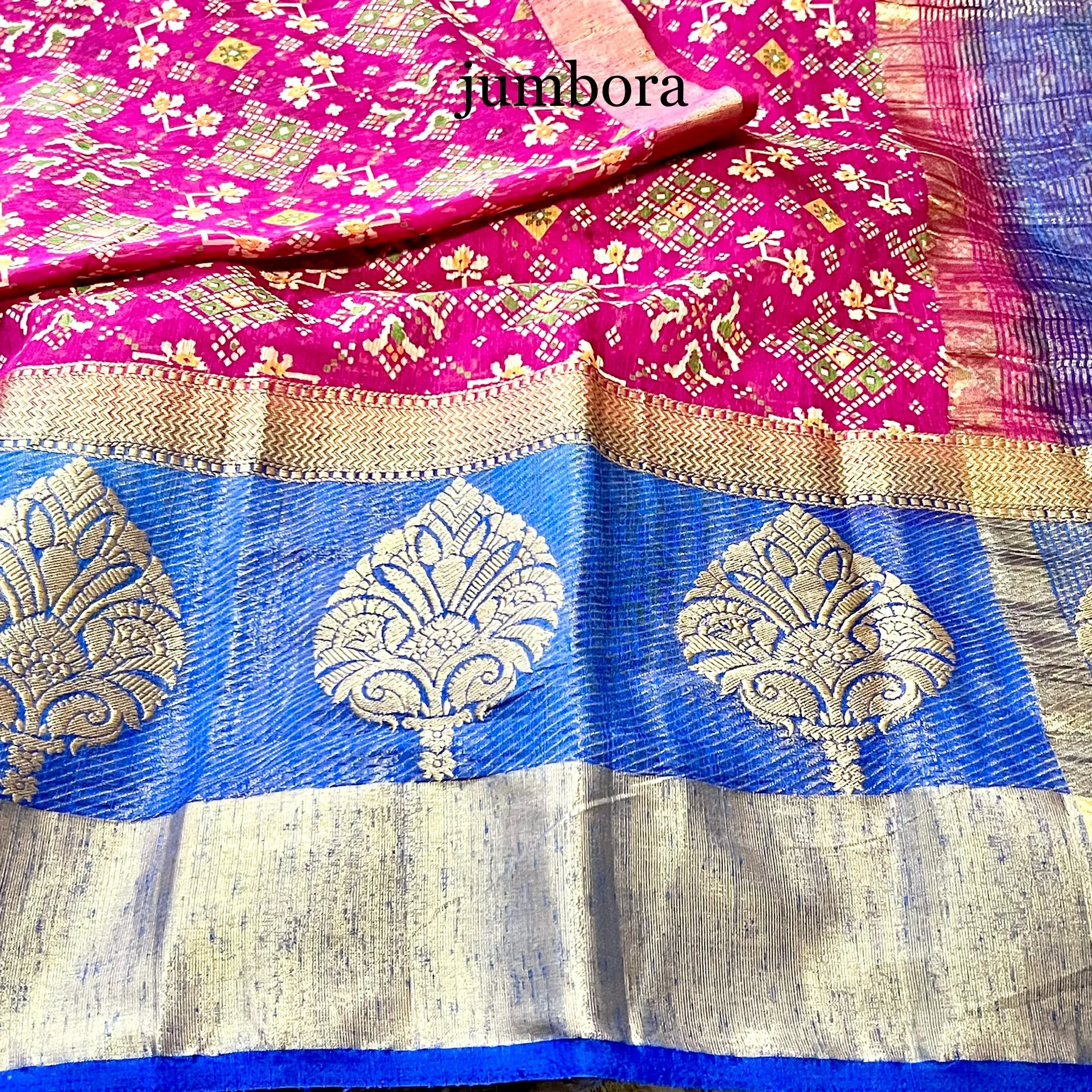 Pink & Blue Ikkat Pochampalli Soft Jute Cotton Silk Saree with Stitched Blouse