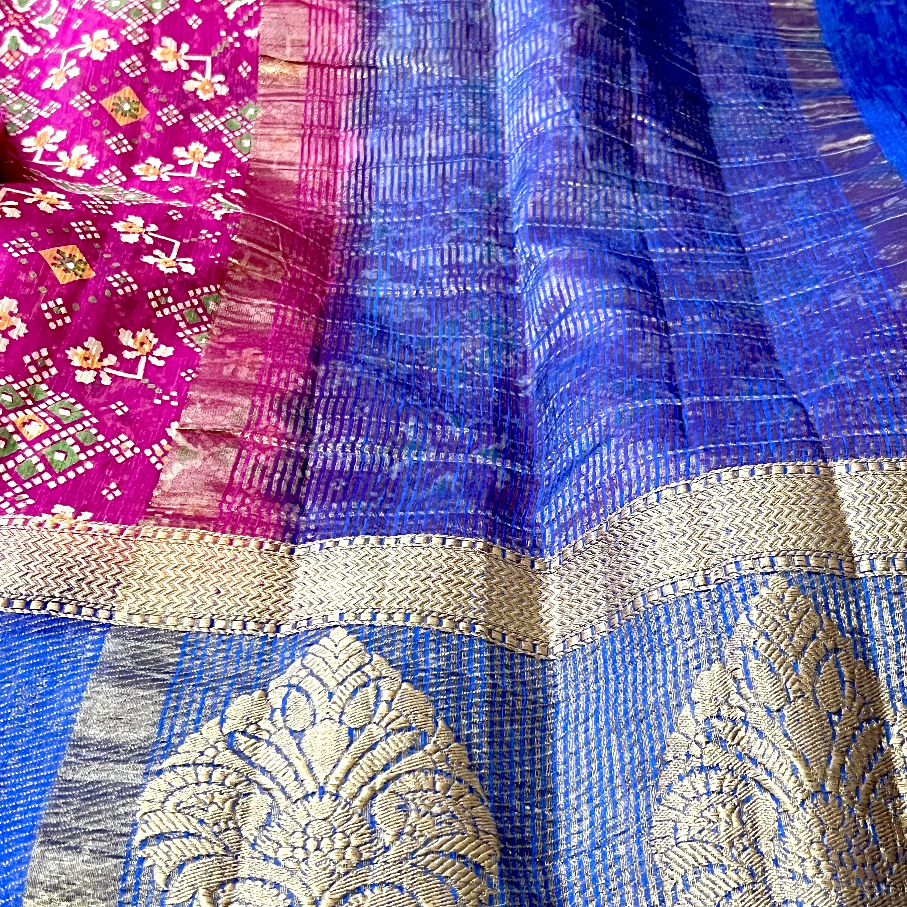 Pink & Blue Ikkat Pochampalli Soft Jute Cotton Silk Saree with Stitched Blouse