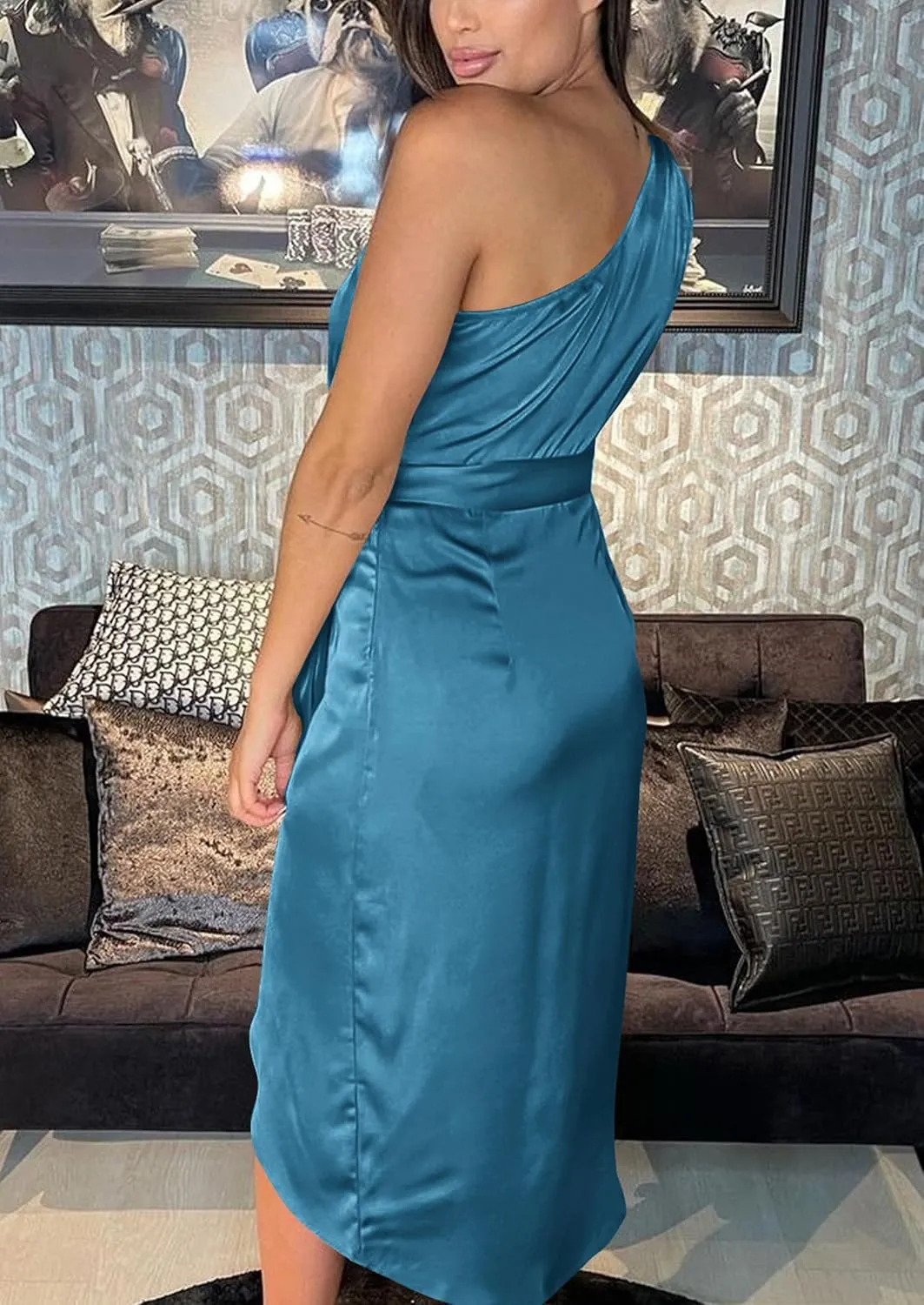 PRETTYGARDEN Women's Summer One Shoulder Ruched Satin Dress Sleeveless Wrap Spring Wedding Guest Cocktail Midi Dress