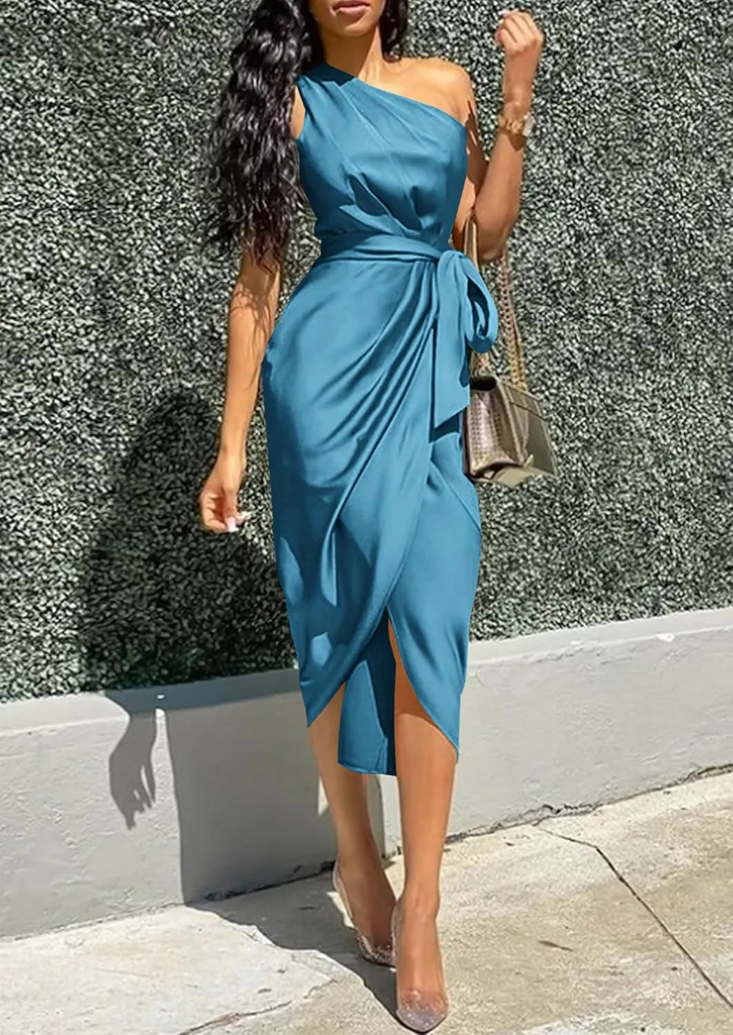 PRETTYGARDEN Women's Summer One Shoulder Ruched Satin Dress Sleeveless Wrap Spring Wedding Guest Cocktail Midi Dress
