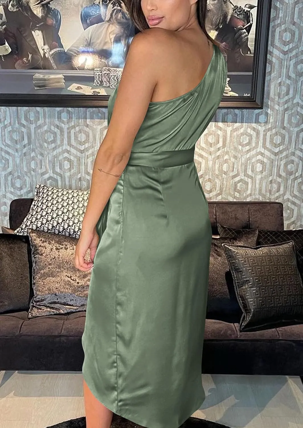 PRETTYGARDEN Women's Summer One Shoulder Ruched Satin Dress Sleeveless Wrap Spring Wedding Guest Cocktail Midi Dress
