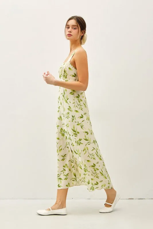 Rachel Sleeveless Floral Print Linen Midi Dress Green