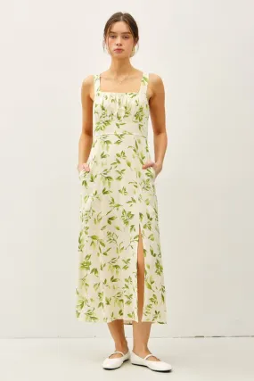 Rachel Sleeveless Floral Print Linen Midi Dress Green