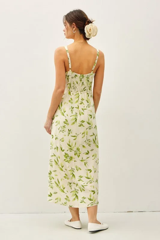 Rachel Sleeveless Floral Print Linen Midi Dress Green