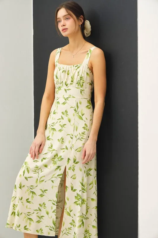 Rachel Sleeveless Floral Print Linen Midi Dress Green