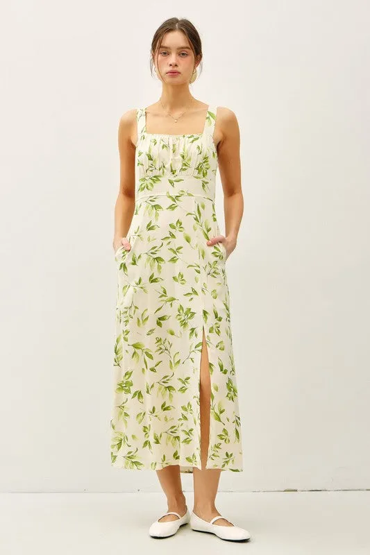 Rachel Sleeveless Floral Print Linen Midi Dress Green