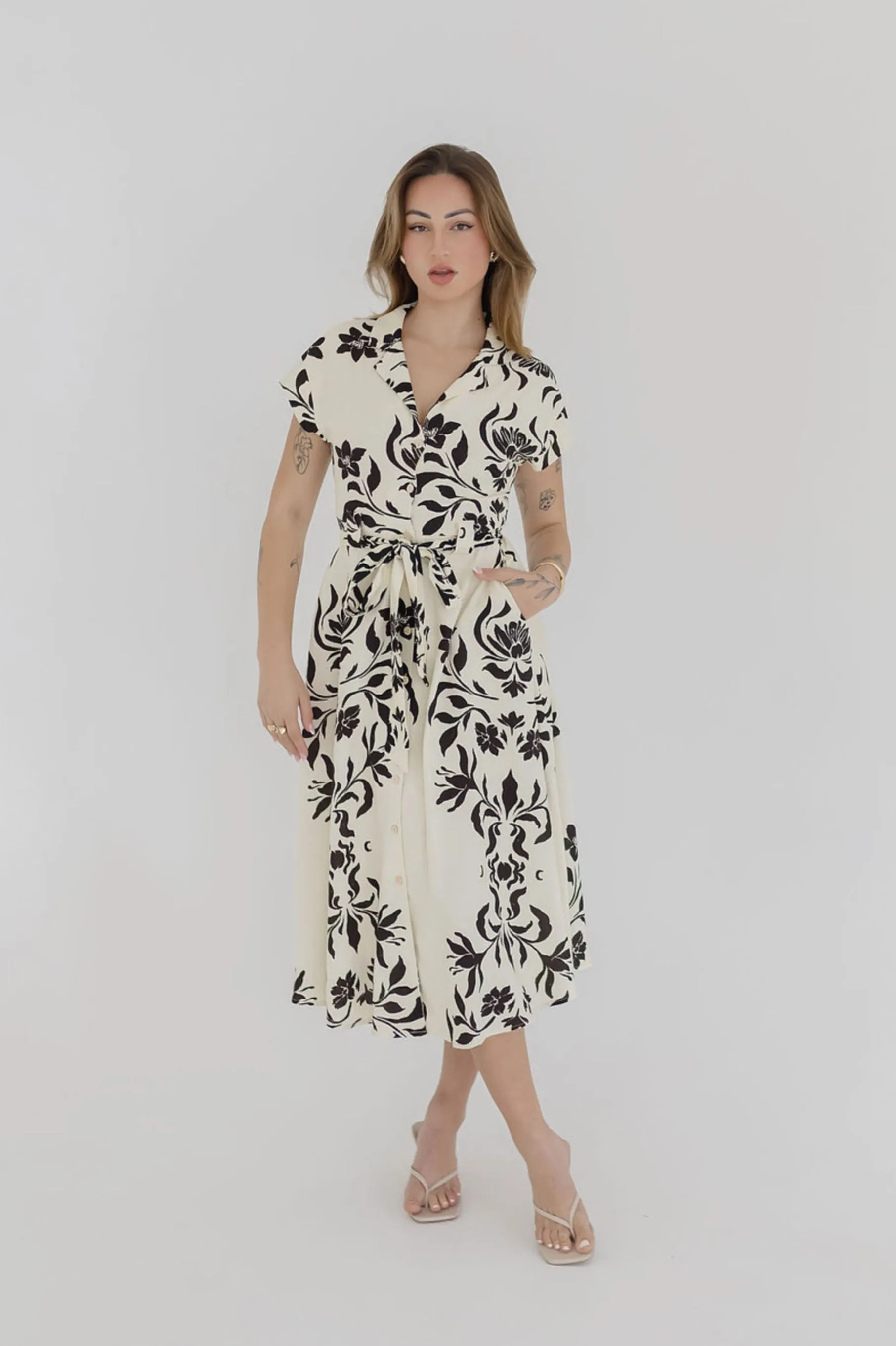 Renata Short Sleeve Button Down Waist Tie Floral Print Midi Dress White