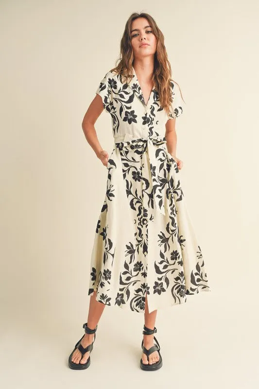 Renata Short Sleeve Button Down Waist Tie Floral Print Midi Dress White