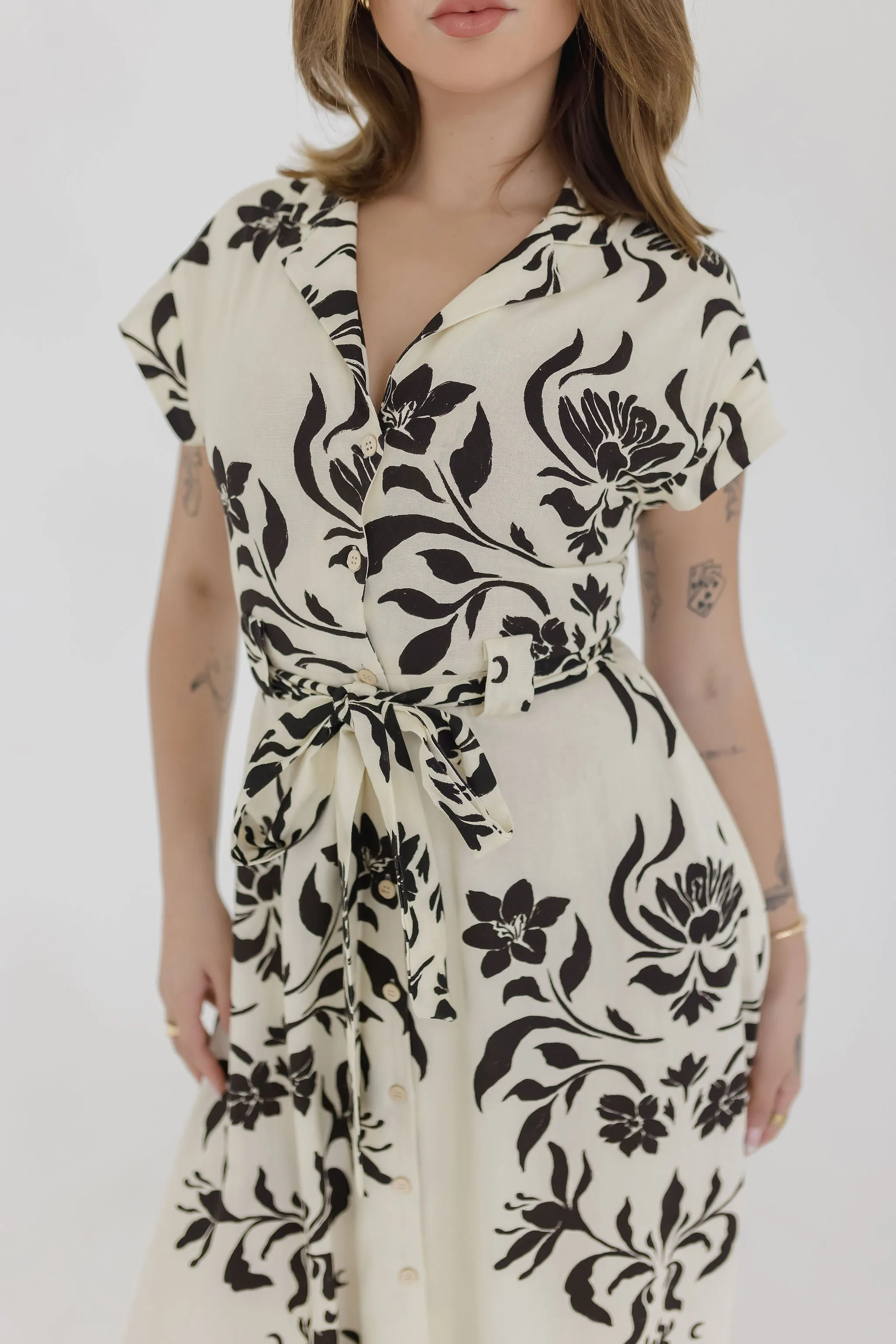 Renata Short Sleeve Button Down Waist Tie Floral Print Midi Dress White