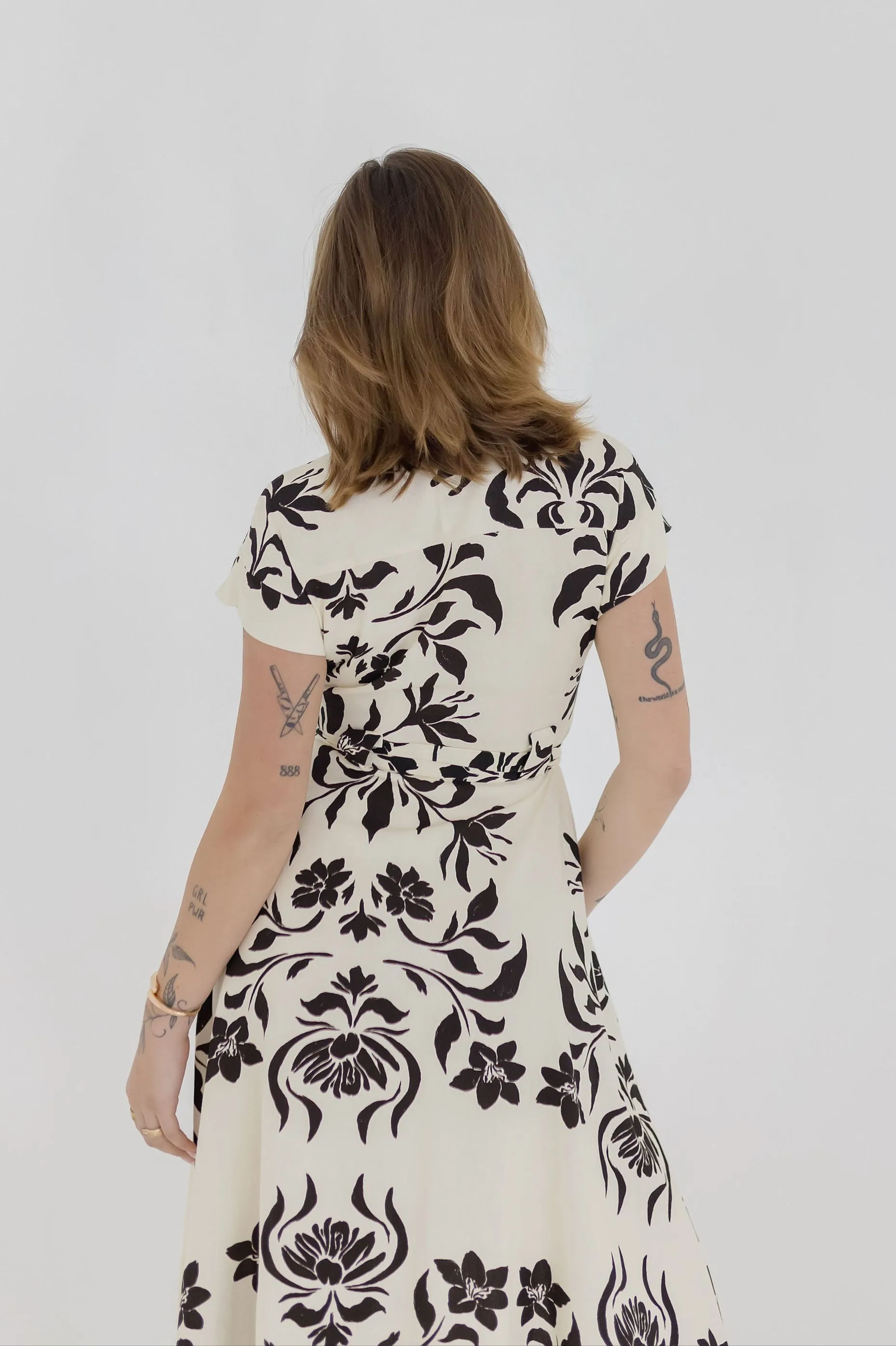 Renata Short Sleeve Button Down Waist Tie Floral Print Midi Dress White